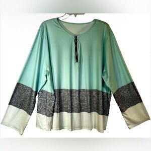 Plus Size Women's Mint Green Black White Color Block Long Sleeve Top Size 5XL